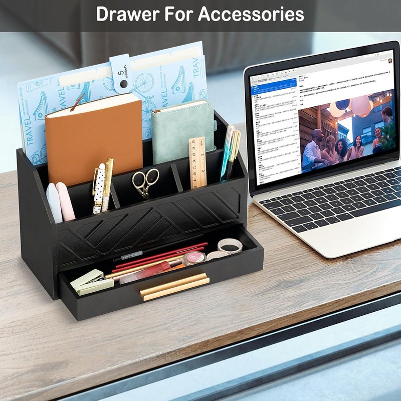 dreampossible Black Wood Desk Organizer and Accessories with Drawer, Bill Mail Organizer and File Mail Holder for Office Supplies, Modern Desk Accessories & Workspace Organizers for Desk Organization - Image 3